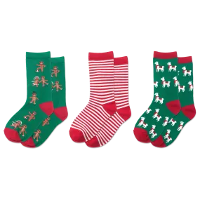 HOTSOX Kid's Holiday Gingerbread, Llamas, Stripe Crew Socks 3 Pair Pack