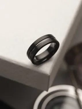 Men Black Silver Grooved Centre Band Ring